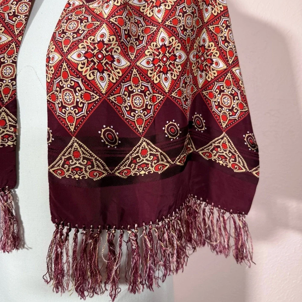 Vintage 1970’s Burgundy art deco Geometric Patterned Fringed Cravat Scarf